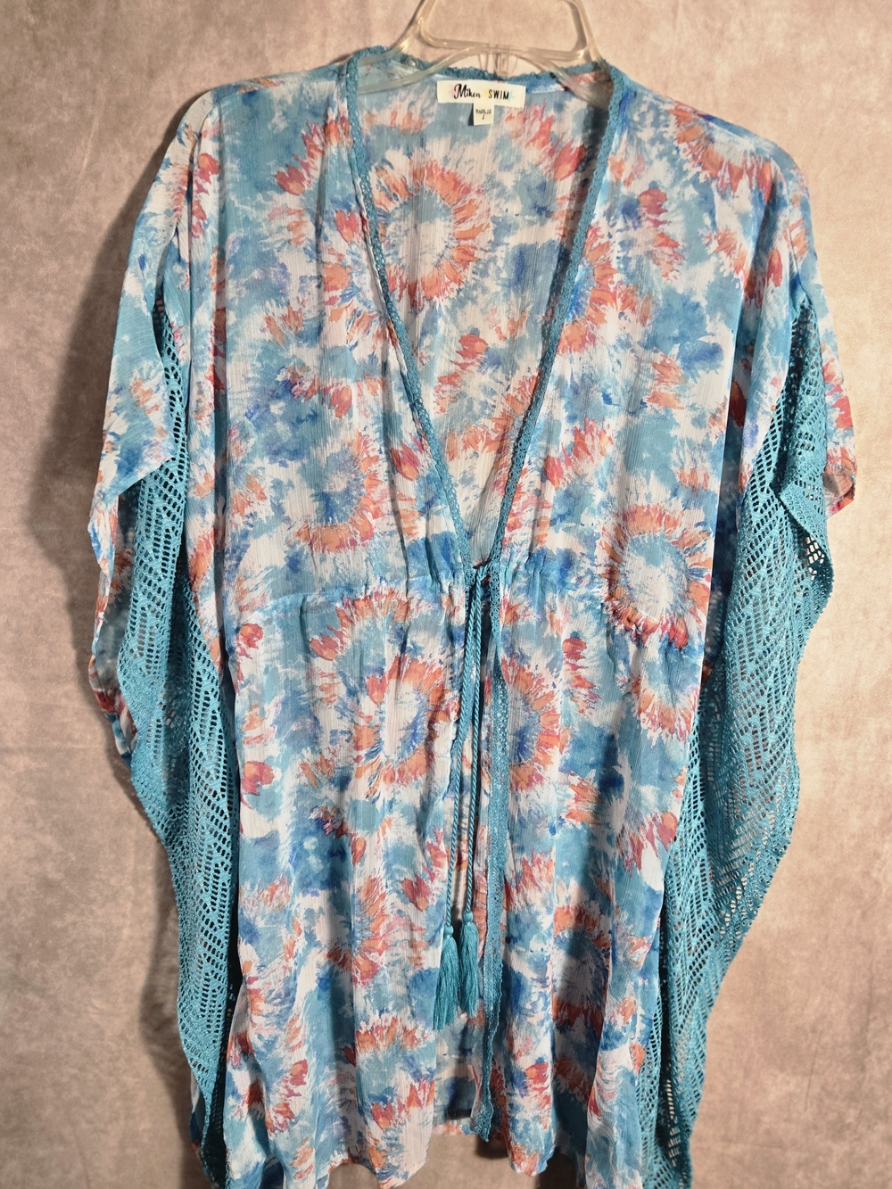 Women's Blue Tie-Dye Swim Cover Up with Crochet Trim